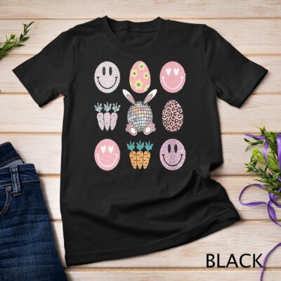Retro Groovy Bunny Smile Disco Eggs Carrot Happy Easter Day Unisex T-shirt
