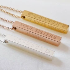 Custom Name Bar Necklace 4 Sides Engraved Pendant Gold Rose Silver Gift for Her