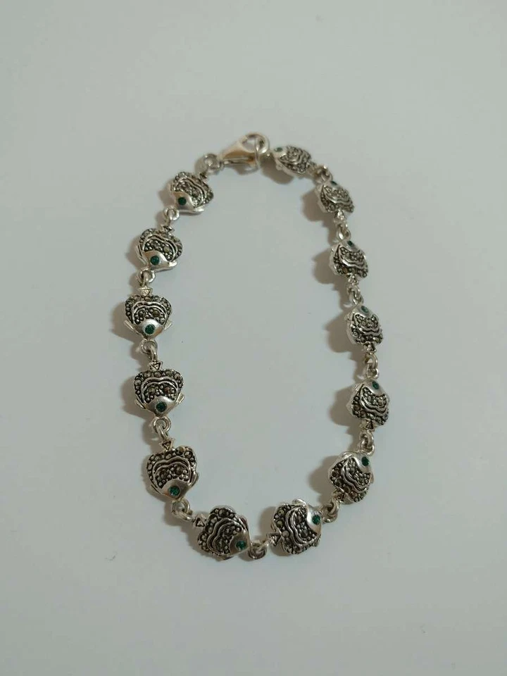 Pulsera Pez Platija Plata Mexicana 925 Taxco con Circón Verde - 7"L Foto 2 de 4