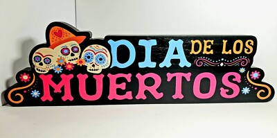 New ''Dia De Los Muertos'' Sugar Skull Painted Wood Table Top Sign Decor Art Large