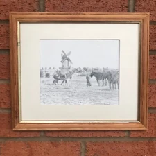 Windmill horse and plough original drawing signed and framed in cream mount orig