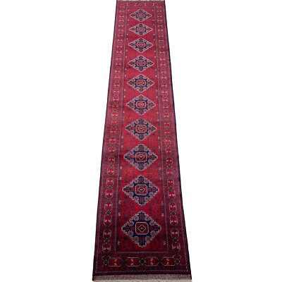 Handmade (2'9'' x 14'5'') Long Afghan Khal Mohammadi Burgundy Wool Runner Rug