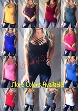Women's Seamless Criss Cross Strappy Caged Stretch Layering Tank Top Shirt Cami