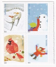 STAMP US SCOTT 4940a "Winter Fun - Cardinal" FOREVER 2014 MNH BLOCK OF 4 W/BACK