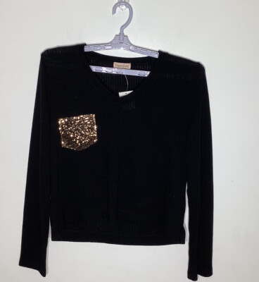 Bloomfield Womens Long Sleeve V Neck Black Shirt With Sequin Pocket Sz XL NWT
