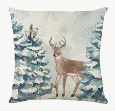 Deer Trees Nature Winter Christmas Linen Throw Pillow Cover Holiday Home Decor