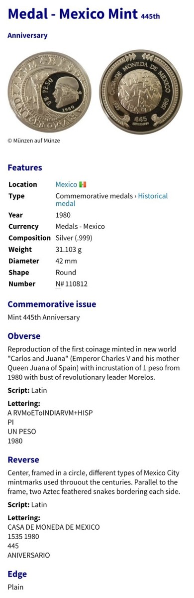 SCARCE 1535-1980 Mexico Mint 999 Silver 445th Anniversary Medal