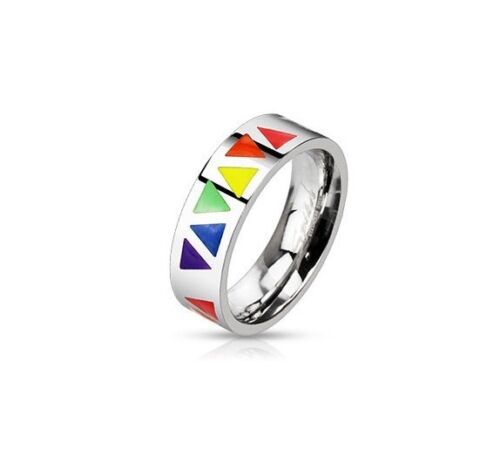 Gay Lesbian Pride Rainbow Triangle Silver Stainless Steel Ring Sizes 5-8 - Picture 1 of 1
