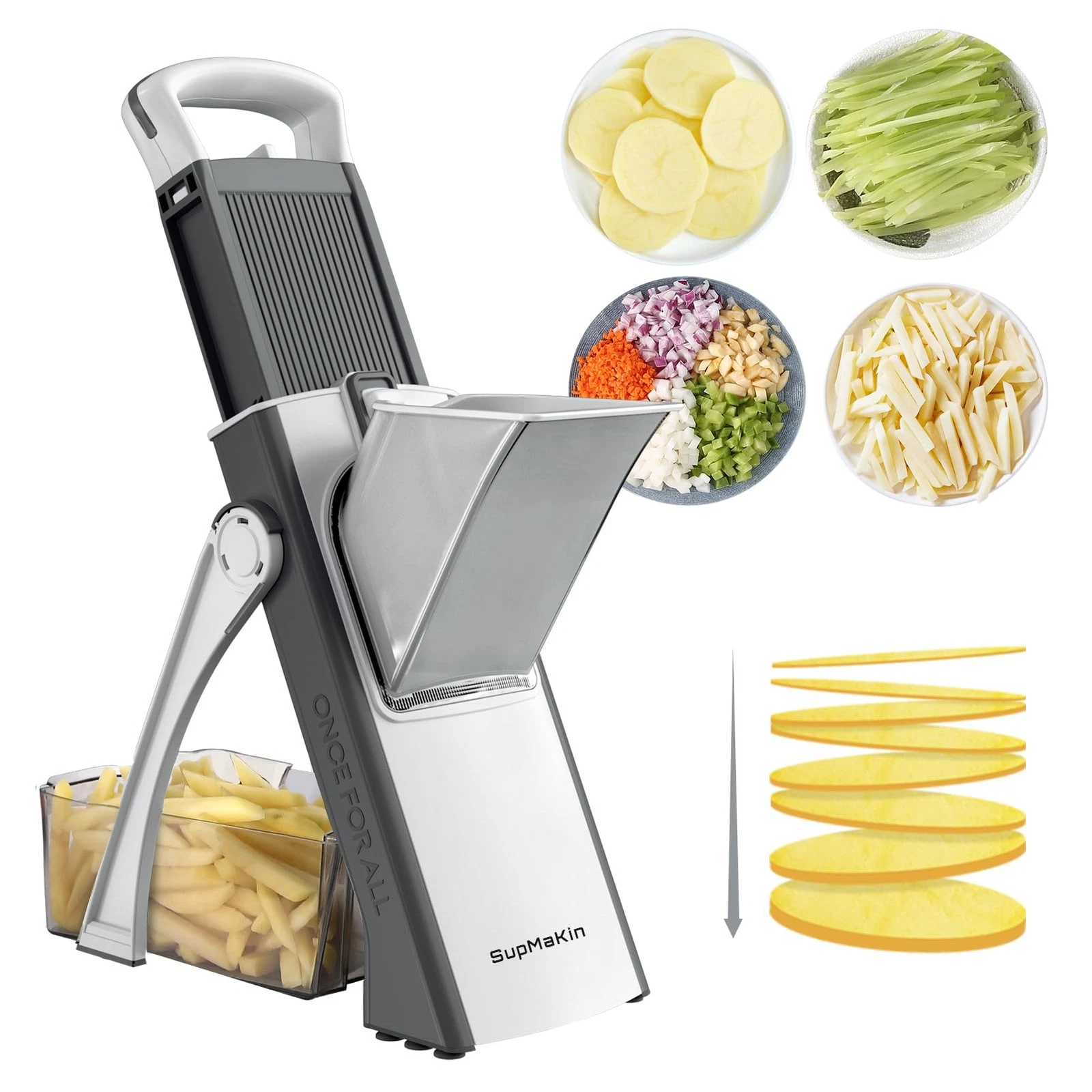 SupMaKin Upgrade Safe Mandoline Slicer, Multi Vegetable Large, GrayWhite