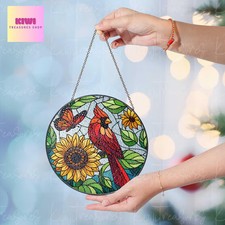 Cardinal Sunflower Suncatcher Glass Window Decor Bird Flower Art Gift