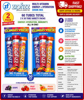 2 Pack ZIPFIZZ Multi-Vitamin Energy Hydration Drink Mix Variety Pack 30 Tubes