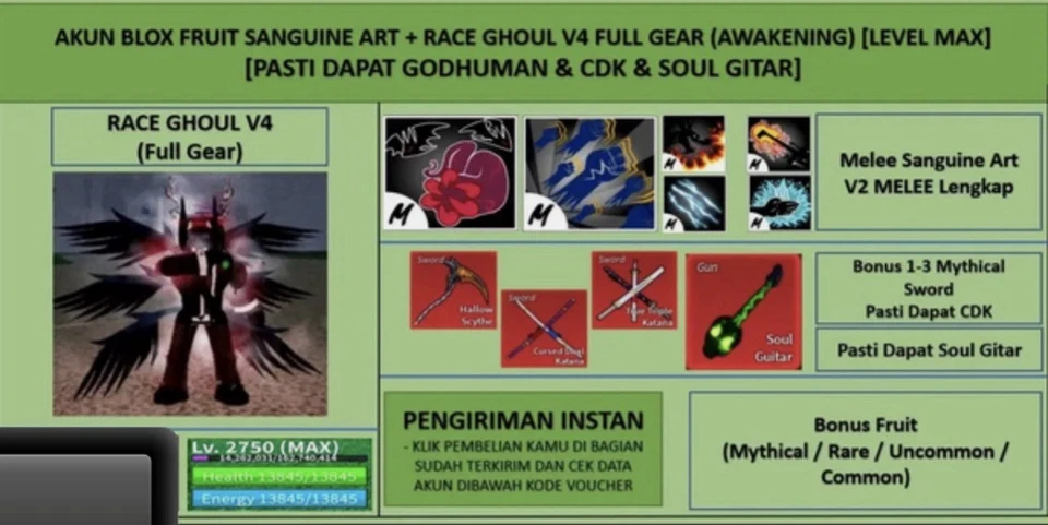 Blox Fruits - Sanguine Art + Race Ghoul V4 Full Gear (Awaken.) (GH + CDK + SG)