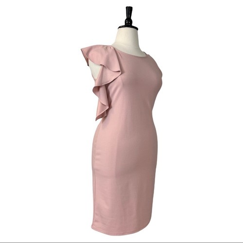 Nicole Miller Women's Blush Pink Ruffle Shoulder Sheath Dress New Size 14 Plus - Picture 2 of 13