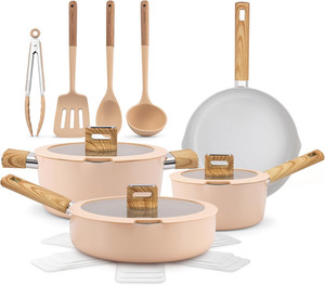 14-Piece Pink Nonstick Ceramic Cookware Set with Utensils & Lids