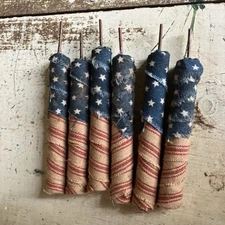 6pc Primitive Americana Firecrackers Grungy Patriotic Bowl Filler 3.5in Handmade
