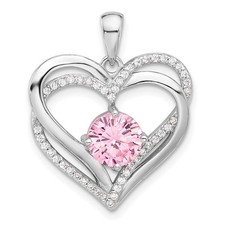 Sterling Silver Rhodium-plated Pink  White Cubic Zirconia Double Heart Pendant
