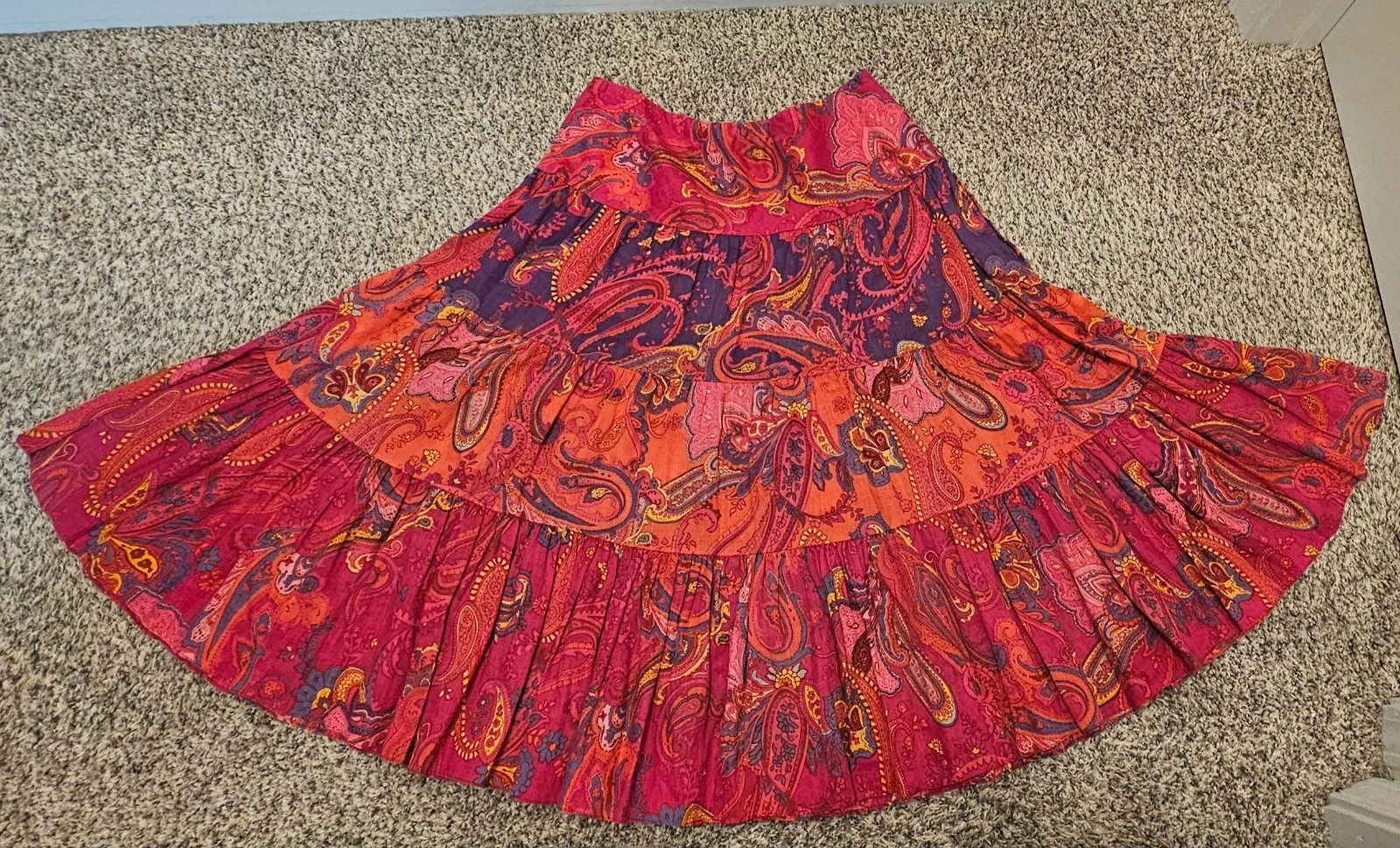 Lauren Ralph Lauren Linen Skirt Paisley Pink Midi Knee Tiered Boho Medium