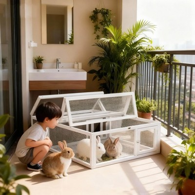 Rabbit Cage with Large Wire Mesh Activity Area and Top & Side Opening Doors