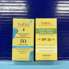 2X Babo Botanicals Super Shield Sport Stick Sunscreen SPF 50 0.6 oz Exp: 02-26+