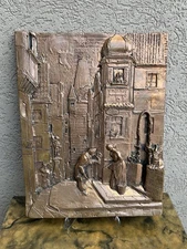 Heavy VTG Copper Carved Wax Relief Style Wall Art City Proposal Scene German