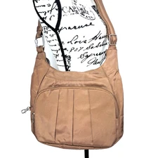 TRAVELON Anti-Theft Classic Crossbody Bucket Bag Tan Slash Proof RFID Locking