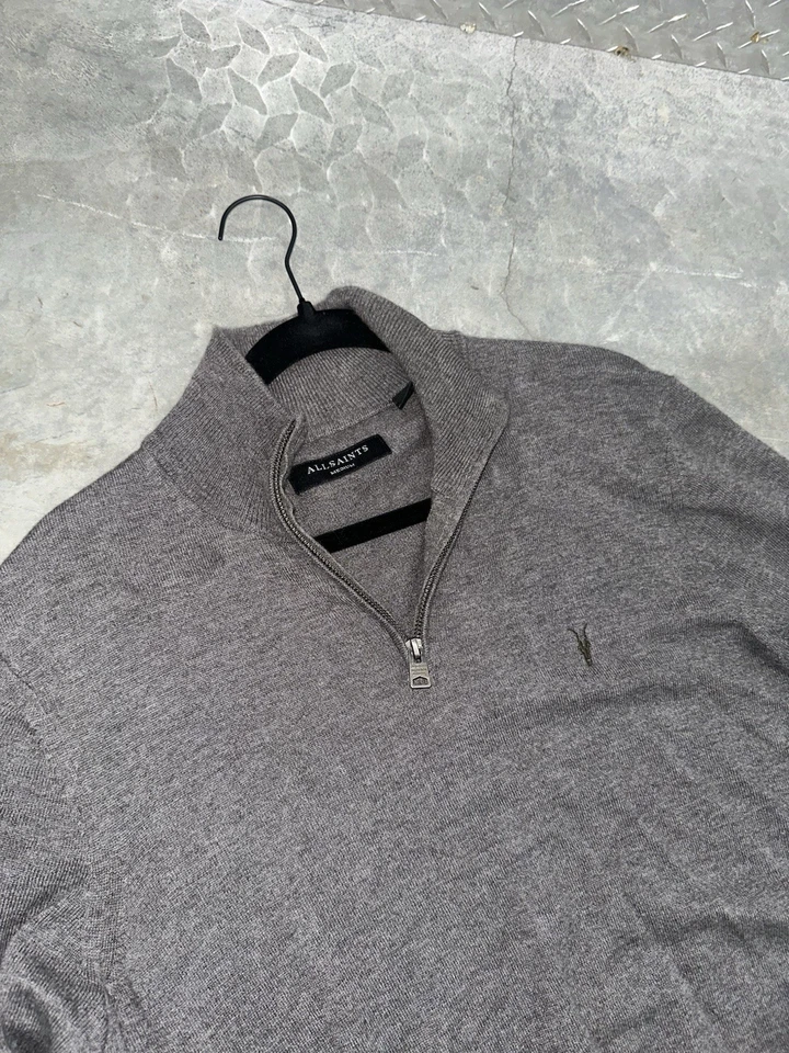 Cremallera de cuarto de lana All Saints, para hombre M, gris oscuro manga larga, cremallera plateada oscura Foto 3 de 4