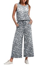 Women's Summer 2 Piece Outfit Set Sleeveless Crop Top Wide Leg Pants Gray Floral