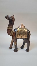 Handcrafted Wooden Camel Carving Adorned with Brass and Copper Detail