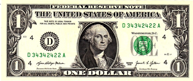 $1 2021 Fancy Serial  Uncirulated CU D34342422A
