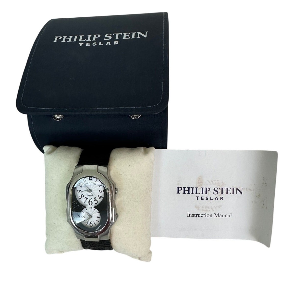 Philip Stein large Silver Case  Red Leather Luxery  Water Resistant Box Papers Philip Stein Silver Case Watch with Gray Strap and White Dial main image 2