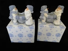 2 Vtg 1998 Encore Snow Buddies Candle Holders - Snowman & Santa Claus