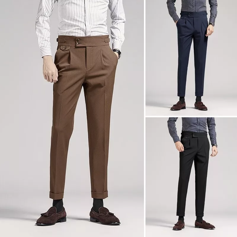 Men High Waist Casual Cropped Trousers Business Formal Pants Slim Fit  Bottoms