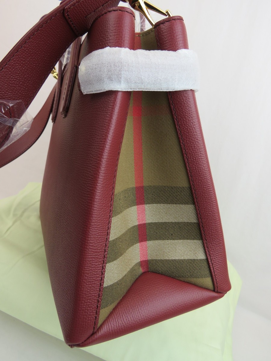 $1790 BURBERRY MD BANNER CRIMSON LEATHER CHECK CANVAS