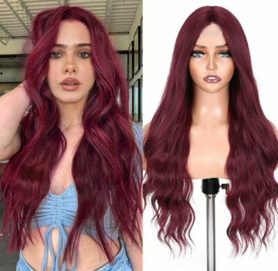 Burgundy Red Ginger Wig HD Front Lace Human Hair Blend Highlights  Wavy Curly 