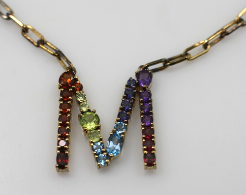 Sterling Silver 925 Vermeil multi color gemstone initial letter M Necklace chain - Picture 2 of 9