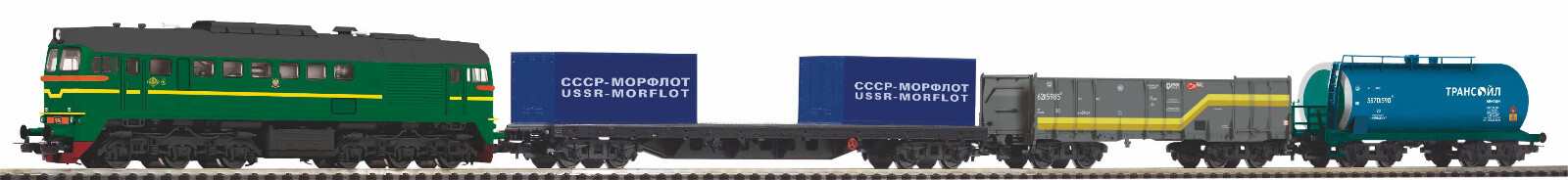 Piko H0 97940 Start-Set mit Bettung M62 + 3 G&uuml;terwagen SZD VI Neuware