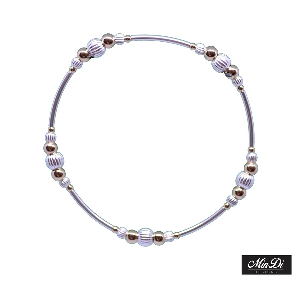 Bracciale elastico fatto a mano con oro giallo 14 carati riempito e argento s... - Immagine 3 di 3