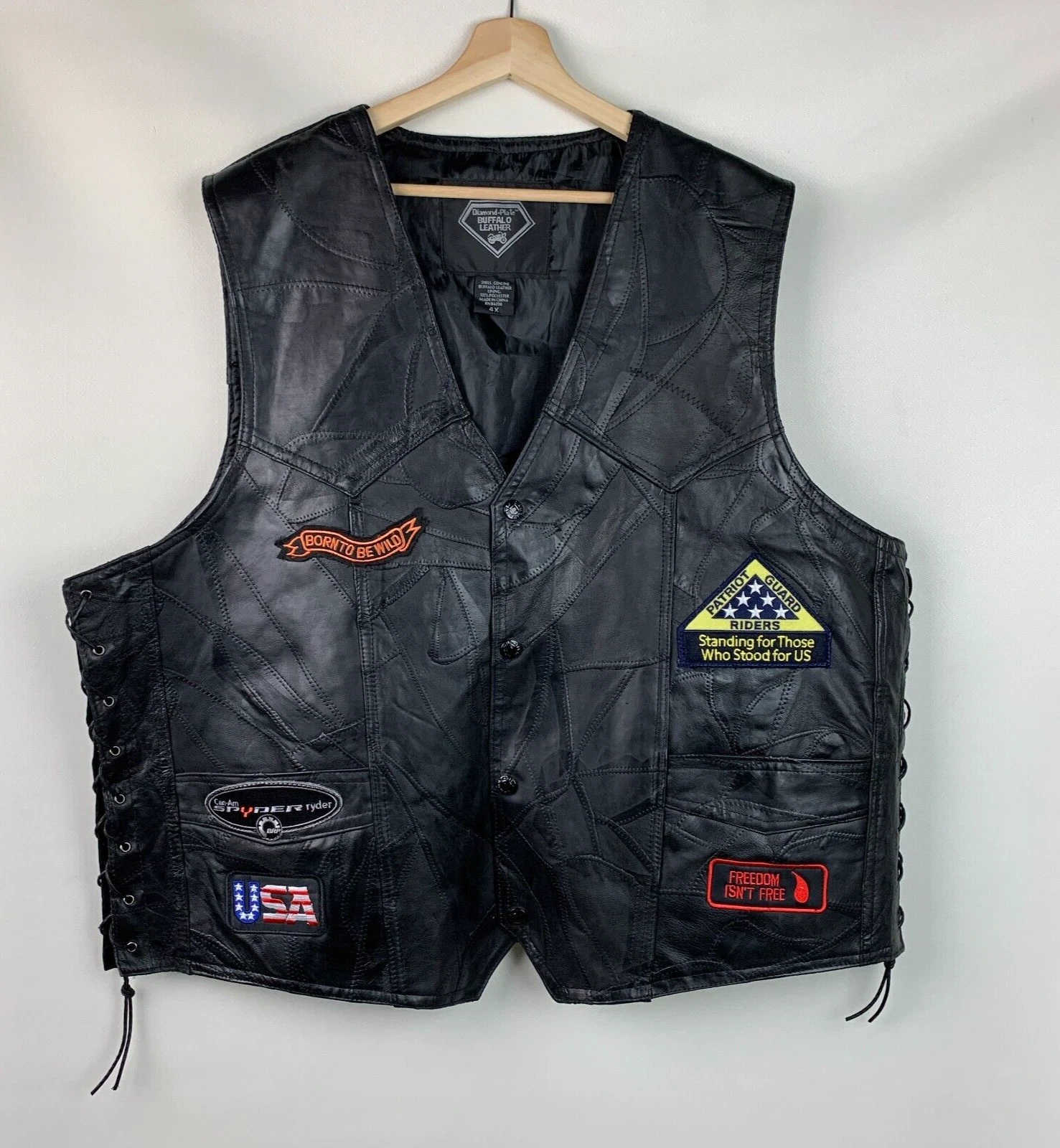 Diamond Plate Biker Vest Black Leather Snaps Emblems Lace Seam Lined Size 4X