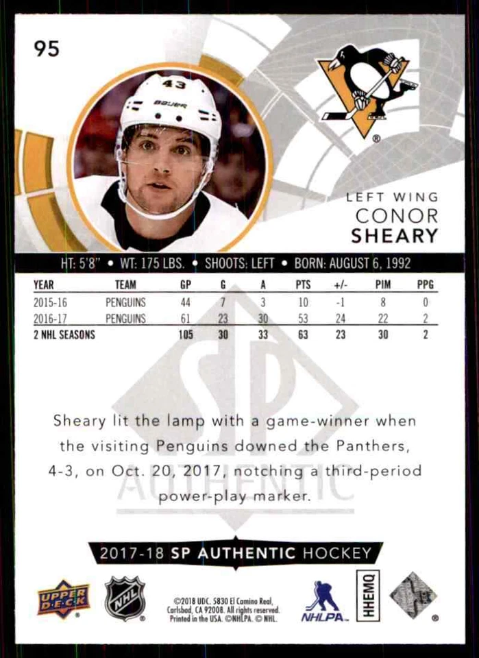 2017-18 Upper Deck SP Authentic Conor Sheary #95 - Image 2 of 2