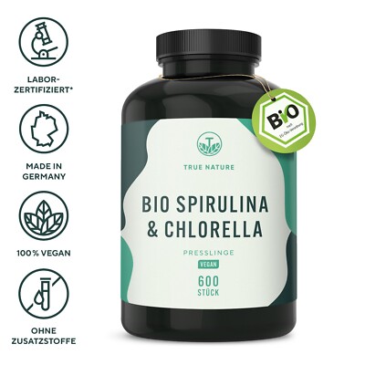 Bio Spirulina & Chlorella Tabletten   600 Presslinge, Eisen & VB12, TRUE NATURE 