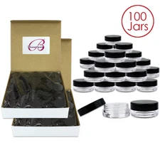 Beauticom® (100 PCS) 3G/3ML Clear Plastic Refillable Jars w/Black Flat Lids 