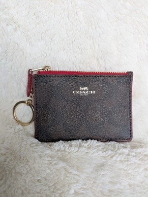 COACH Mini Skinny ID Case in Brown & True Red Coated Canvas w Gold-tone Hardware