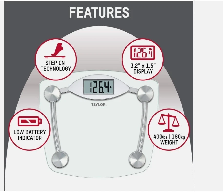 Taylor Precision Clear Glass Digital Bathroom Scale 400lb Large Readout - Image 3 of 3