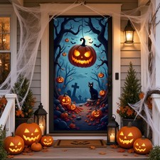 Halloween Hanging Pumpkin Door Banner Black Cat Graveyard Backdrop Decor