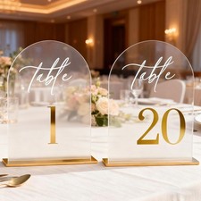 20 Sets 5x8 Inch Clear Arch Acrylic Table Numbers 120 With Gold Print Stands