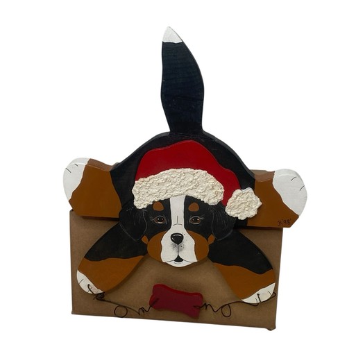 Bernese Mountain Dog Puppy Handpainted Wood Shelf Sitter Santa Hat 1998 Art