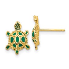 14k Yellow Gold Green Enameled Turtle Post Stud Earrings L-12 mm, W-9 mm