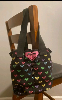 Roxy Women's Knit Logo All Over Canvas Tote Bag Purse Black Rainbow 