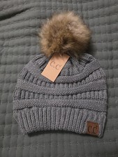 CC Stretch Beanie Exclusive Soft Cable Knit Faux Fur Pom Pom Hat One Size
