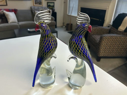 SET 2 SUPERB LG Murano Italy 12" ART GLASS PARROTS PARAKEETS BIRD Figurines MINT